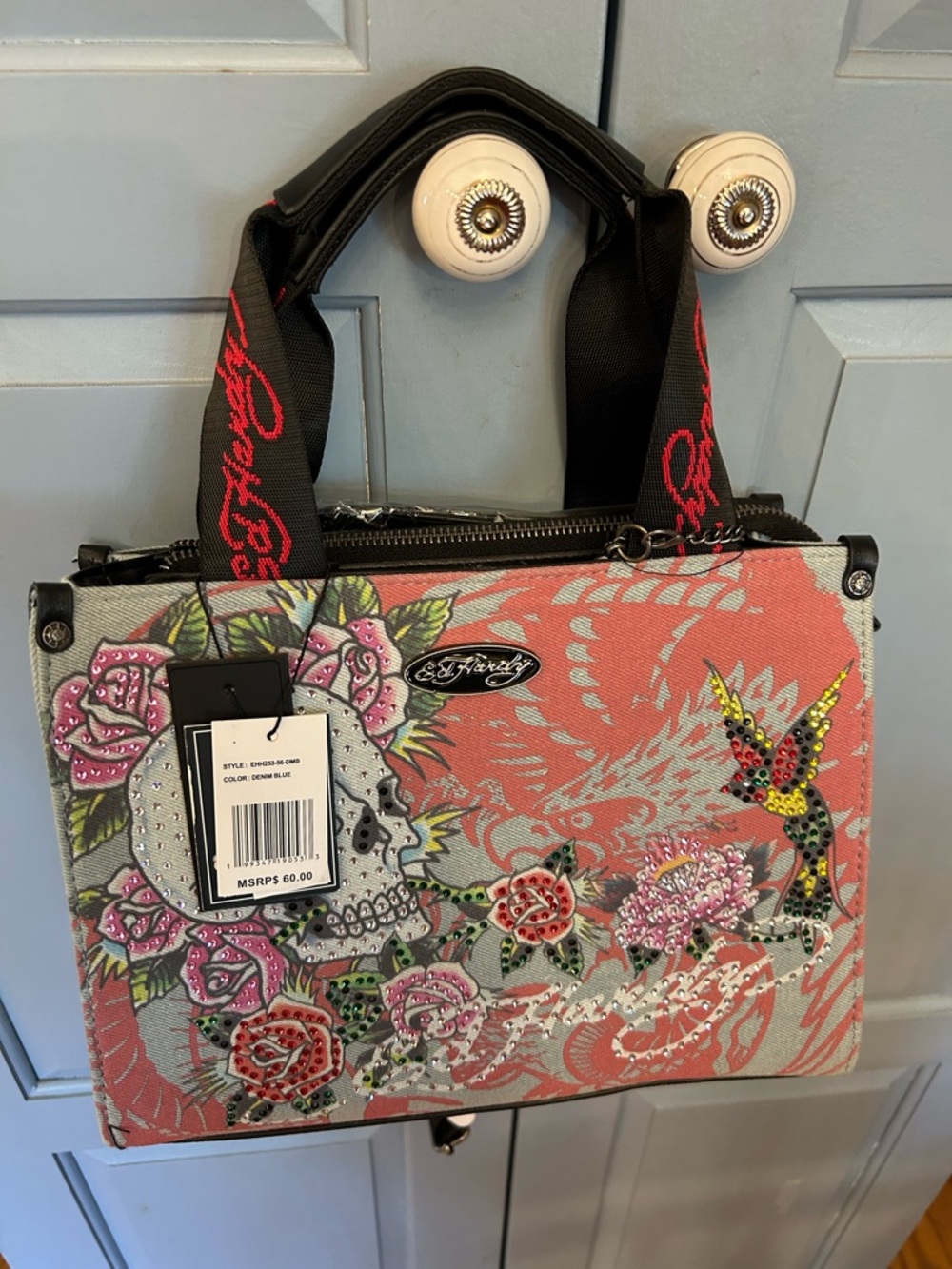 NWT Ed Hardy denim blue Tattoo Print messenger Bag with Gunmetal Charms